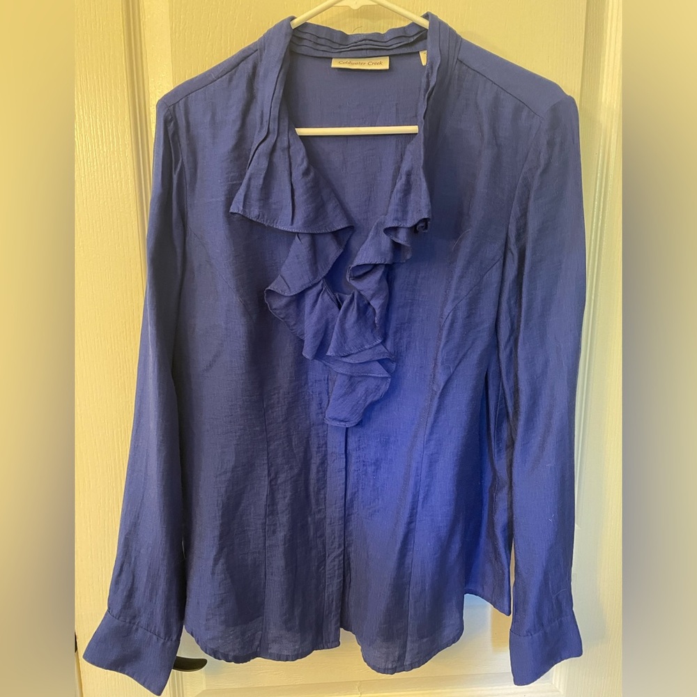 Coldwater Creek Blue Ruffled Buttoned Blouse